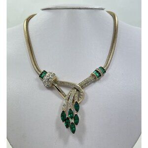 Vintage Signed Coro Emerald Rhinestone Spray Necklace Choker Mid Century Jewelry